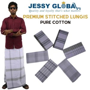 JESSY GLOBAL Power Loom Men's Cotton Stitched Lungi - Pure Cotton Lungi - 2.10 Meter - Attractive and Traditional for Men - Pack of 2- Ready to wear - Feel The Comfort